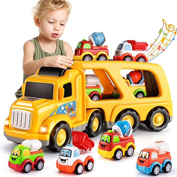 TEMI Construction Truck Toys for 3 4 5 6 Year Old Boys, 5-in-1 Friction Power Toy for Kids 3-5, Carrier Truck Cars for Toddlers 1-3, Kids Toys Set for Age 3-9, Christmas for 3+