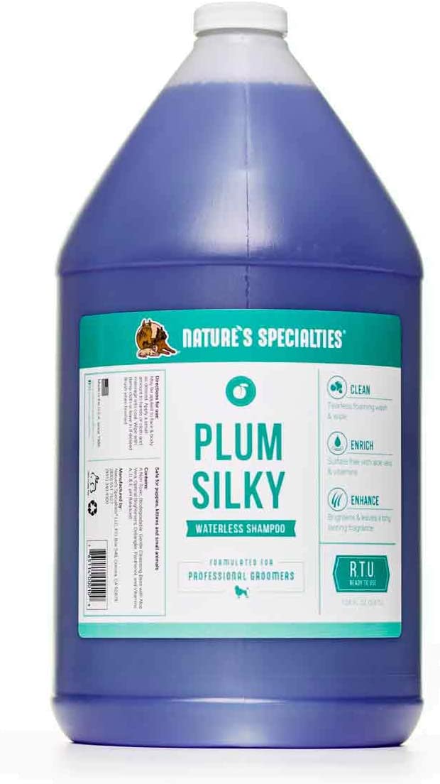 Nature's Specialties Plum Silky Waterless Dog Shampoo for Pets, Natural Choice for Professional Groomers, Leave in or Rinse Out, Made in USA, 1 gal