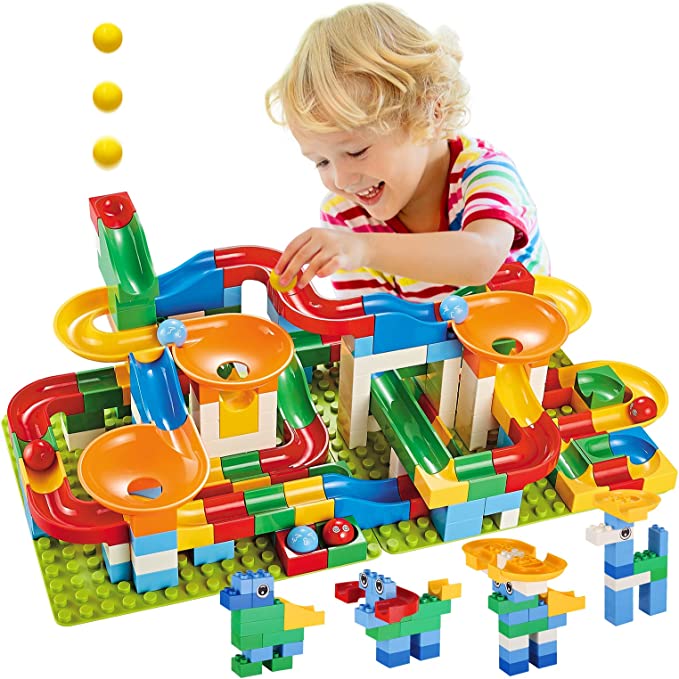 Marble Run Building Blocks, 176 Pcs Classic Big Blocks Marble Track for Kids, Marble Race Track Bricks Set, STEM Castle Building Bricks Toys for Boys Girls Age 3 4 5 6 7 8+