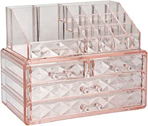 Jewelry and Cosmetic Boxes with Brush Holder - Pink Diamond Pattern Storage Display Cube Including 4 Drawers and 2 Pieces Set