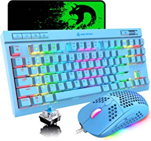 RGB Rainbow Mechanical Gaming Keyboard and Mouse Combo Blue Switch 87 Keys Backlit Keybaord with Lightweight Honeycomb Shell Wired RGB Gaming Mouse 6400 DPI Mouse pad for PC Gamers Xbox One PS4 PS5