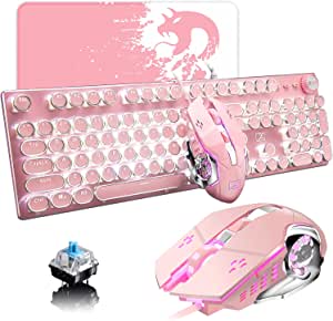 Pink Typewriter Keyboard and Mouse,Retro Vintage Mechanical Gaming Keyboard with White LED Backlit,104 Keys Anti-Ghosting Blue Switch Wired Cute Keyboard,Round Keycaps for Desktop PC/Laptop Mac